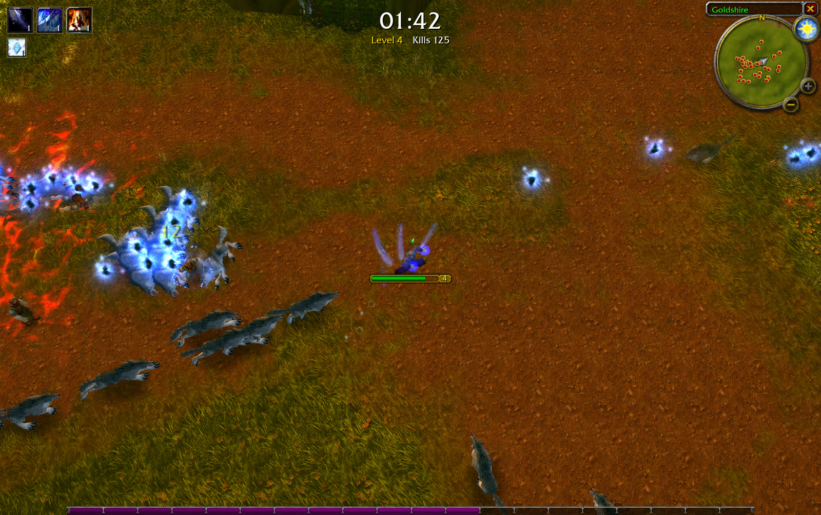 Community-build mage avoiding wolves while spells hit the approaching pack