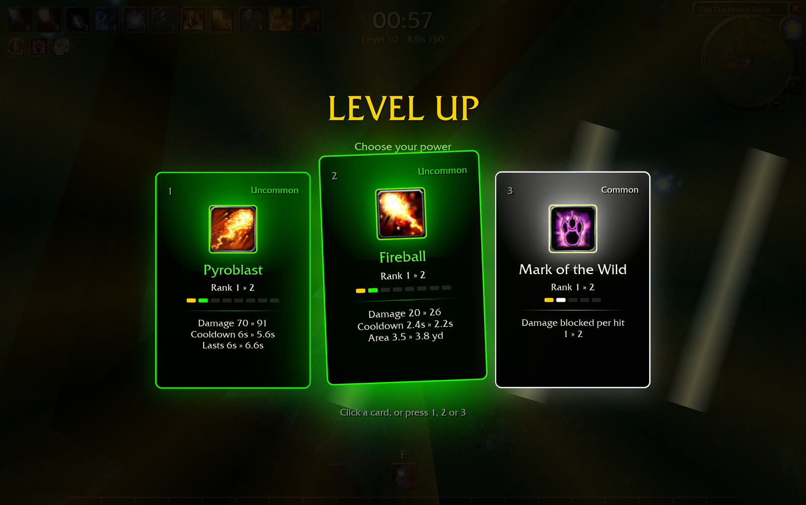 Three community-build level-up cards with effect details
