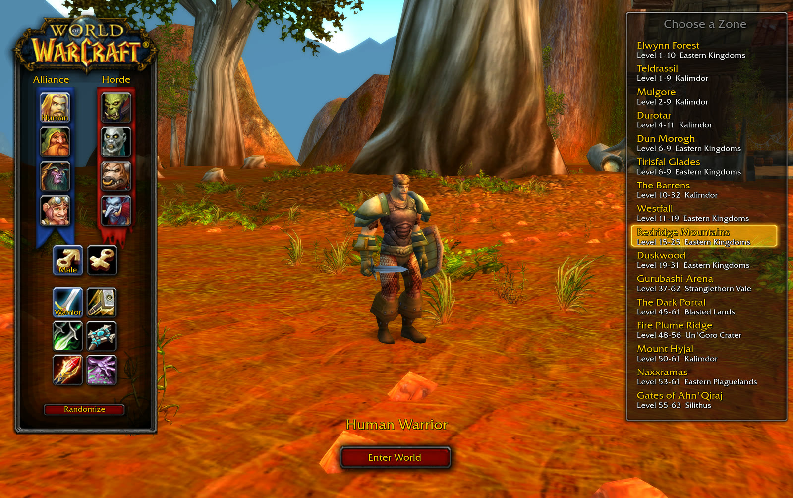 Character and zone selection in the Azeroth Survivors community reconstruction