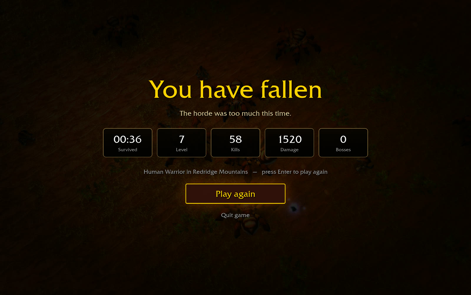 Community reconstruction results screen listing time survived and run statistics